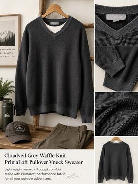 Cloudveil PrimaLoft Waffle Knit‎ V Neck Sweater XL Gorpcore Gray